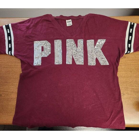 Pink by Victoria Secret Medium Burgundy short sleeved with PINK in sequin - Picture 1 of 7